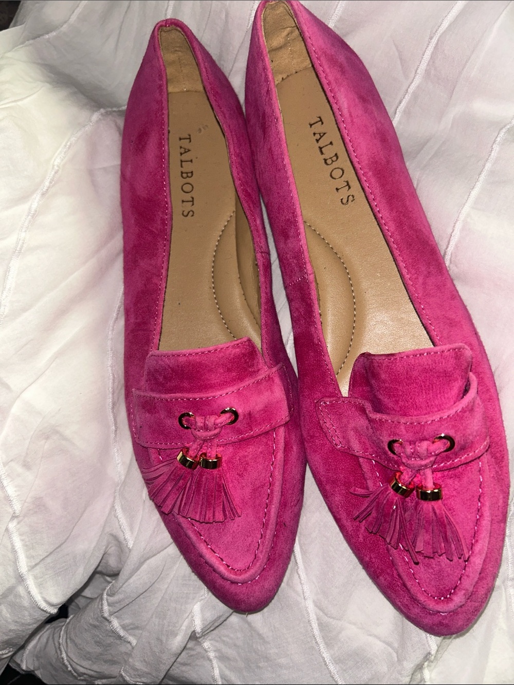 Talbots Hot Pink Suede Tassel Loafers with Gold Accent